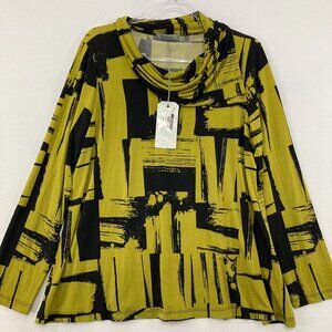New Chalet Et Ceci Large Black Green Abstract Cowl Neck Stretch Knit Top Artsy